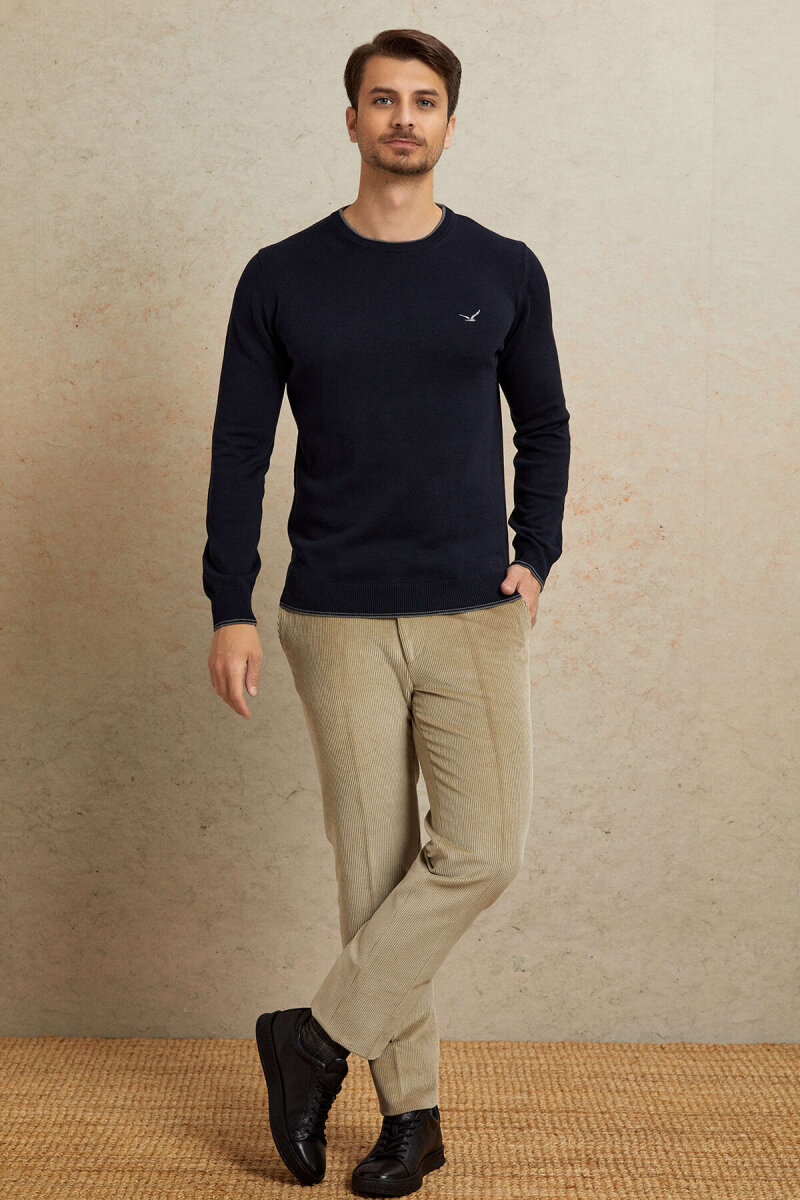 Navy Blue 100% Cotton Round Neck Sweater - 6