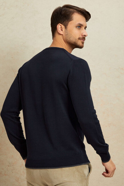 Navy Blue 100% Cotton Round Neck Sweater - 7