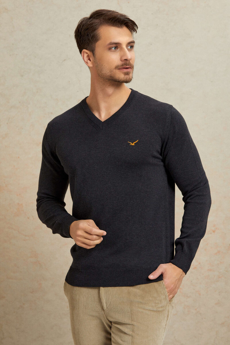 Anthracite 100% Cotton V-Neck Sweater (1)