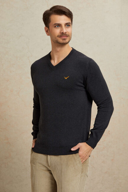 Anthracite 100% Cotton V-Neck Sweater - 3
