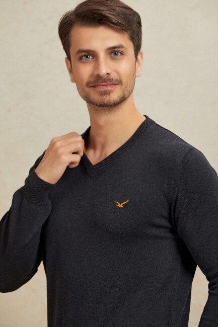 Anthracite 100% Cotton V-Neck Sweater - 4