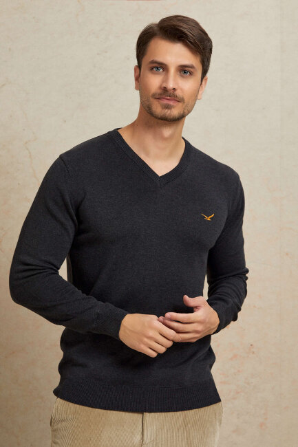 Anthracite 100% Cotton V-Neck Sweater - 5