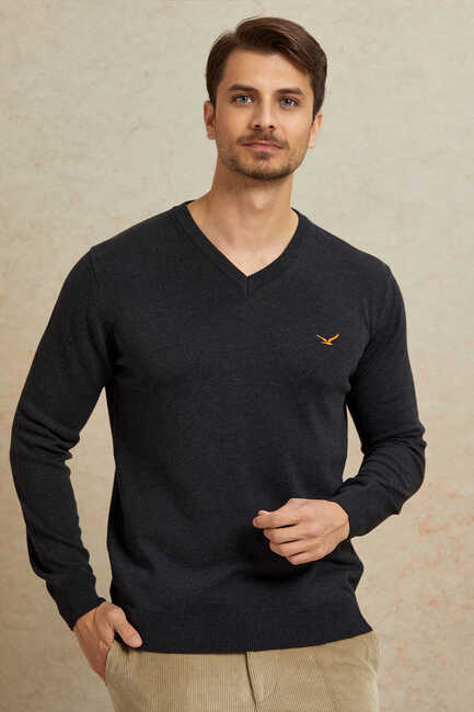 Anthracite 100% Cotton V-Neck Sweater - 1