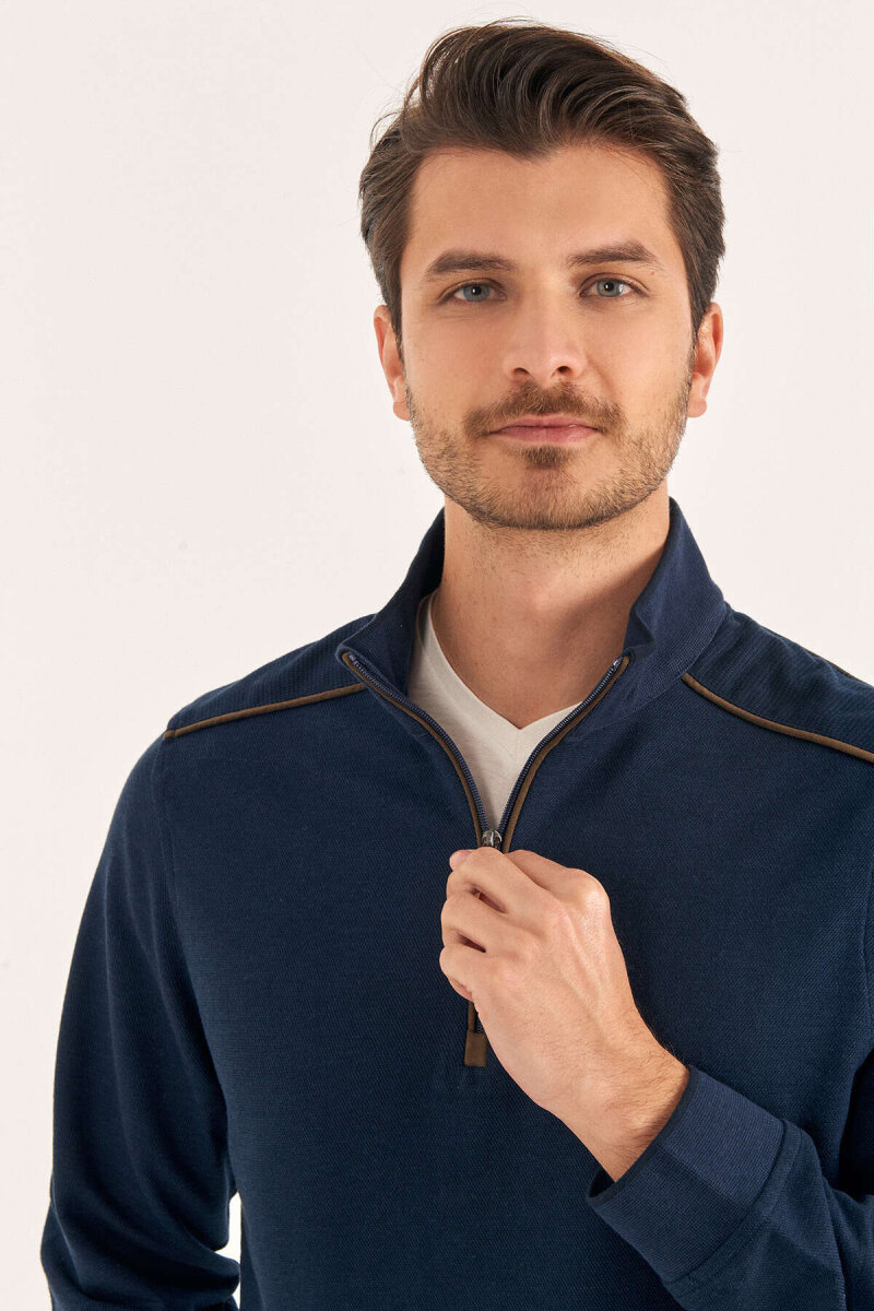 Navy Blue Cotton Short Zip-Up Sweater (1)