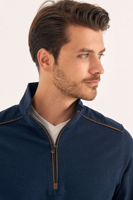 Navy Blue Cotton Short Zip-Up Sweater - 3