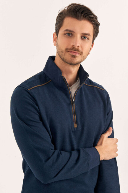 Navy Blue Cotton Short Zip-Up Sweater - 4