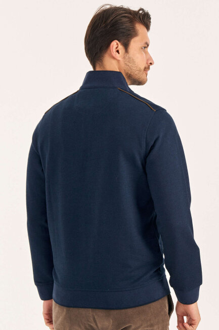 Navy Blue Cotton Short Zip-Up Sweater - 5