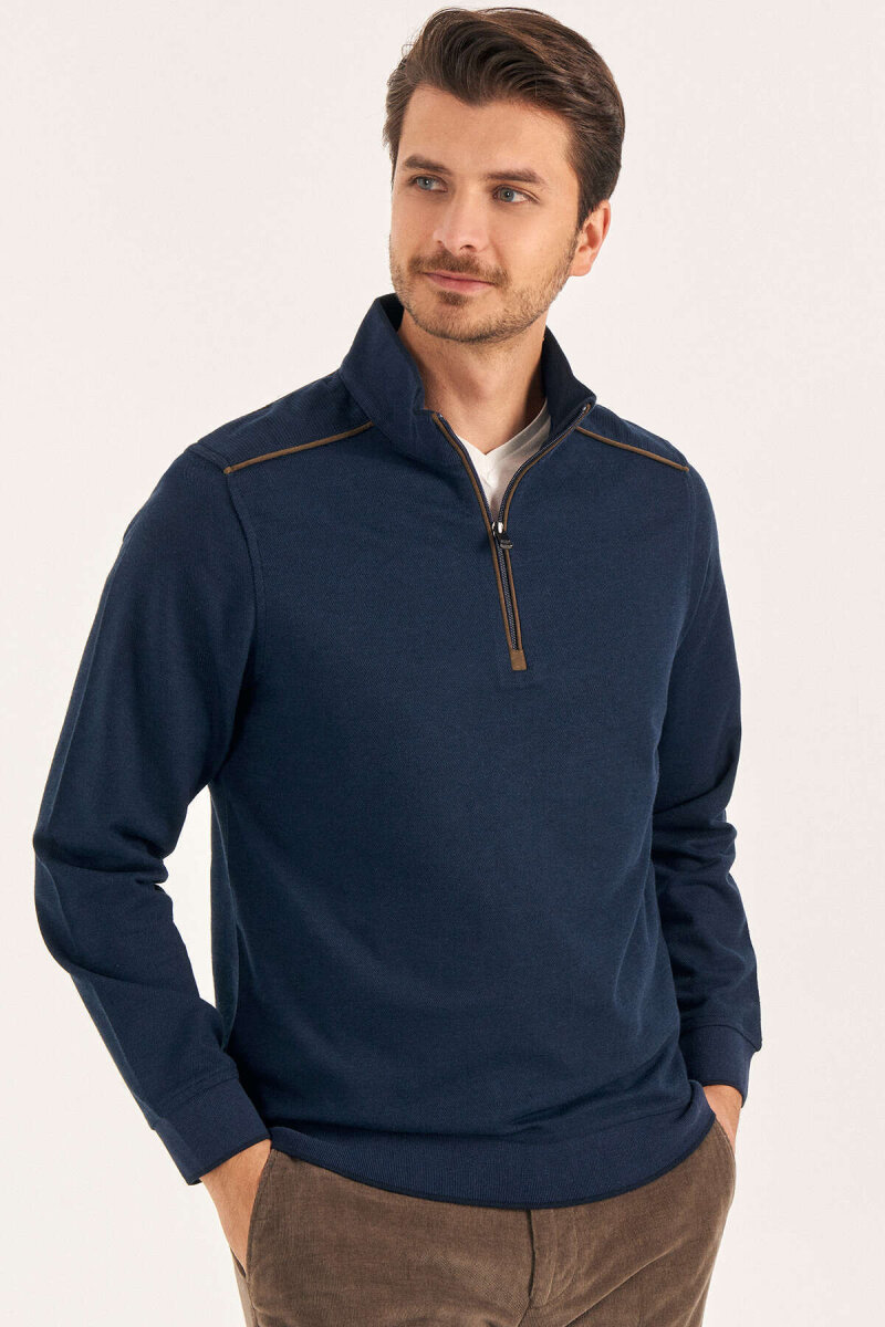 Navy Blue Cotton Short Zip-Up Sweater