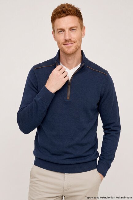 Navy Blue Cotton Short Zip-Up Sweater - 1