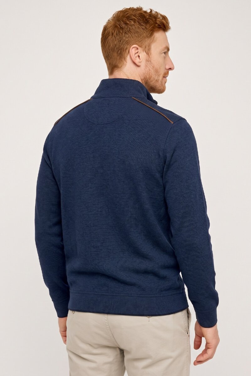 Navy Blue Cotton Short Zip-Up Sweater - 4
