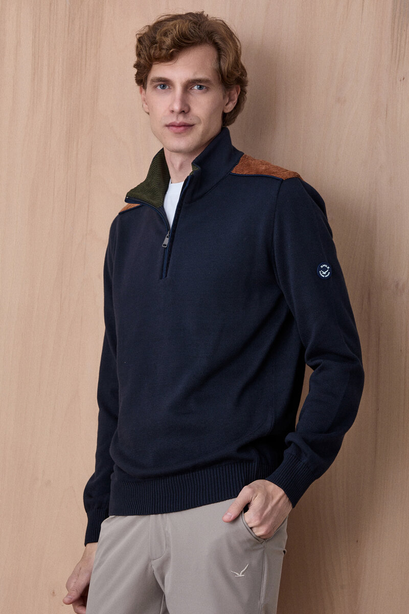 Lacivert %100 Pamuk Fermuarlı Kazak