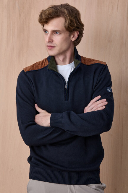 Lacivert %100 Pamuk Fermuarlı Kazak - 3