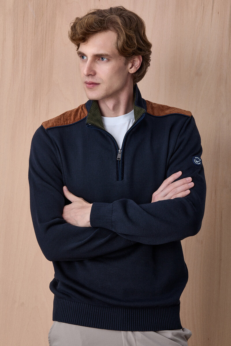 Lacivert %100 Pamuk Fermuarlı Kazak - 3