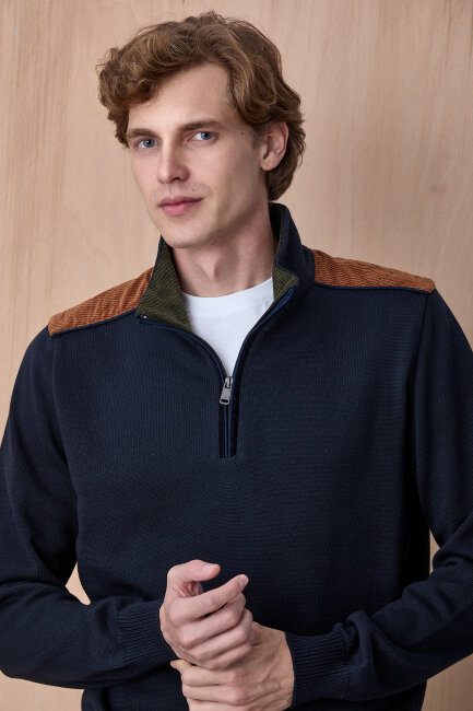 Lacivert %100 Pamuk Fermuarlı Kazak - 6