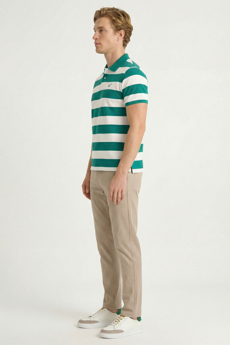 Green and White 100% Cotton Striped Polo T-shirt - 6