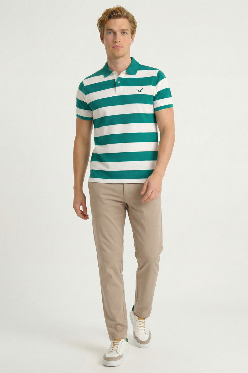 Green and White 100% Cotton Striped Polo T-shirt - 5