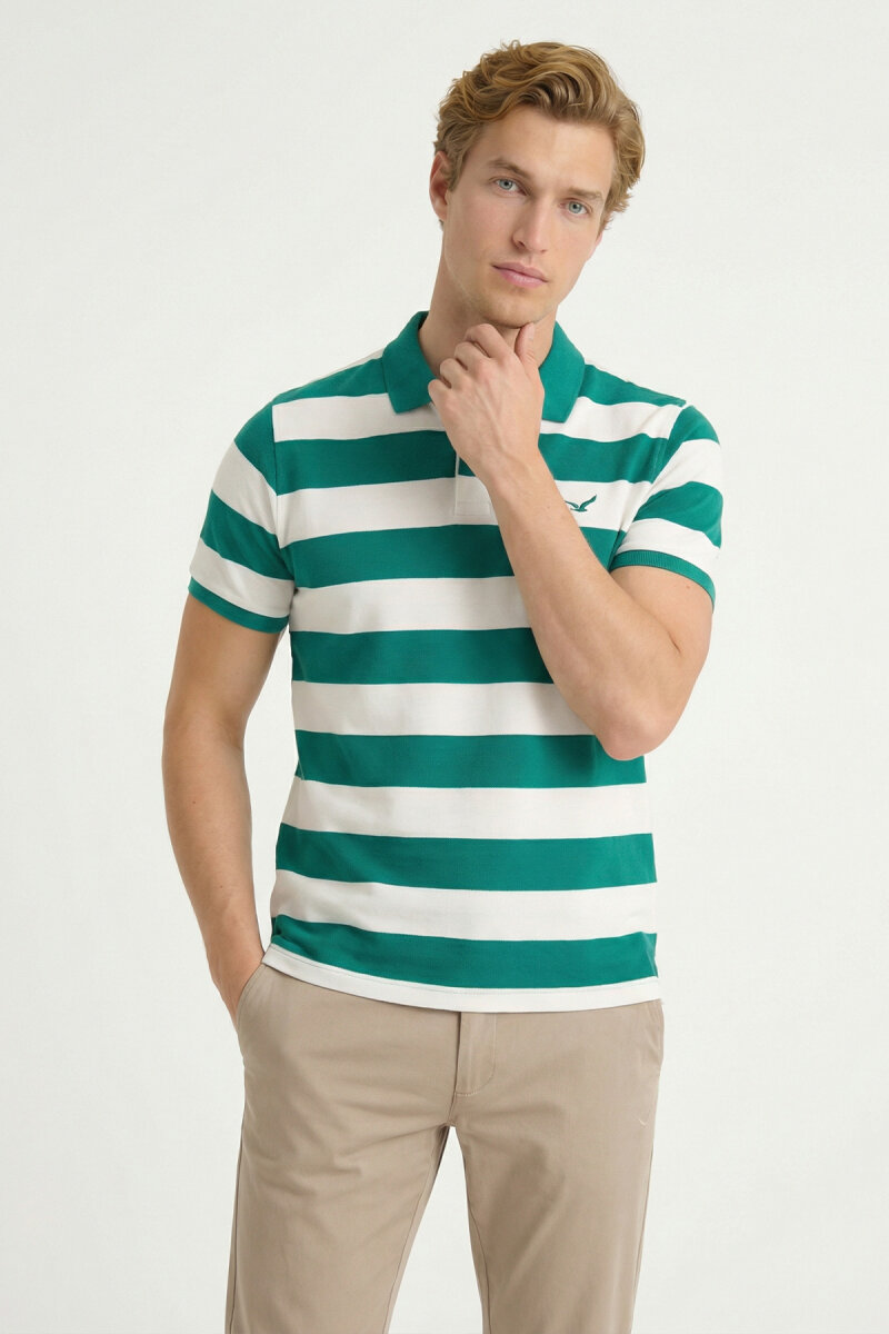 Green and White 100% Cotton Striped Polo T-shirt - 1