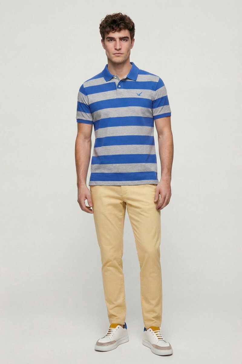 Grey - Sax 100% Cotton Striped Polo T-shirt - 5