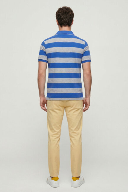 Grey - Sax 100% Cotton Striped Polo T-shirt - 6