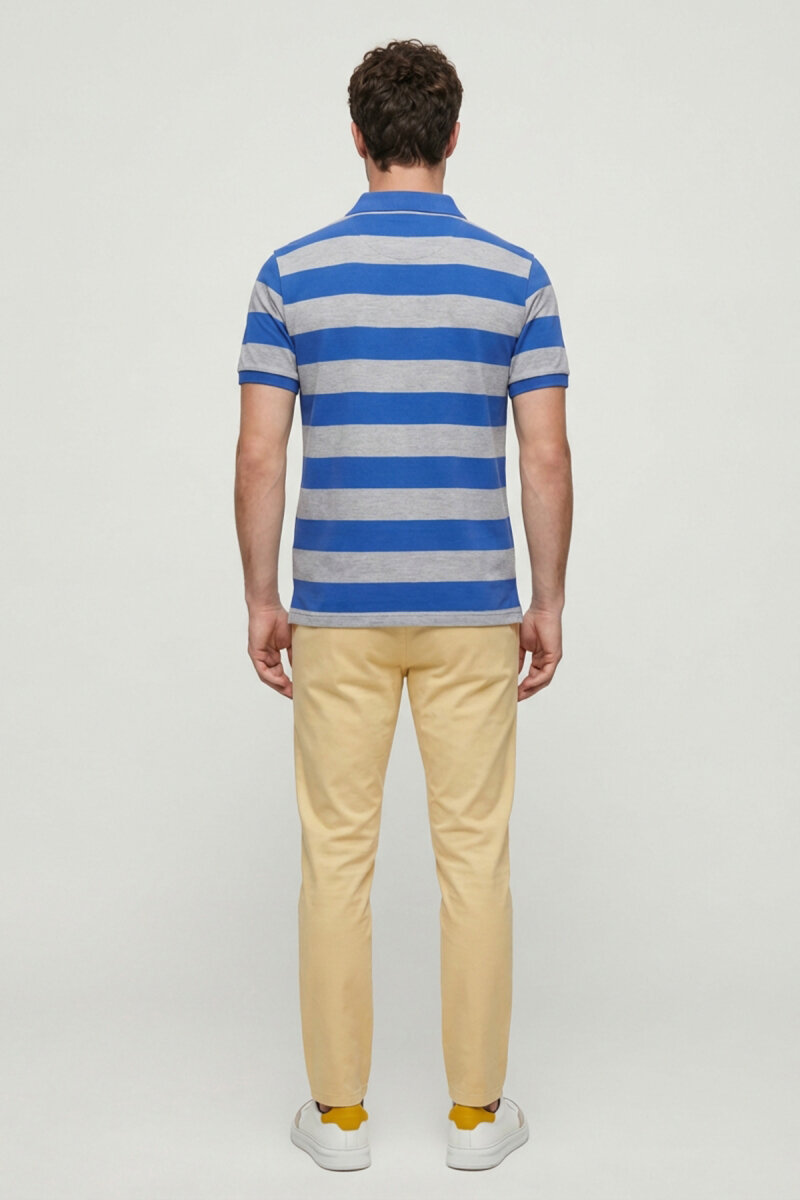 Grey - Sax 100% Cotton Striped Polo T-shirt - 6