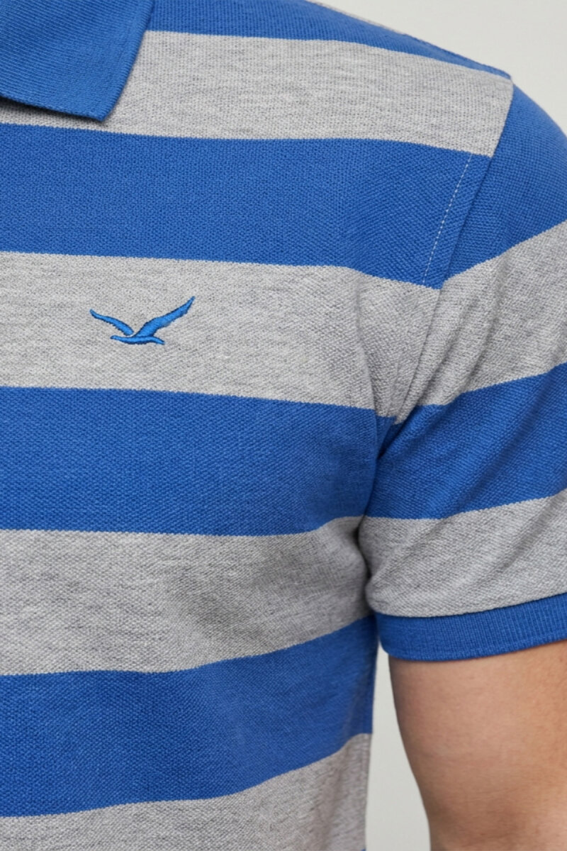 Grey - Sax 100% Cotton Striped Polo T-shirt - 3