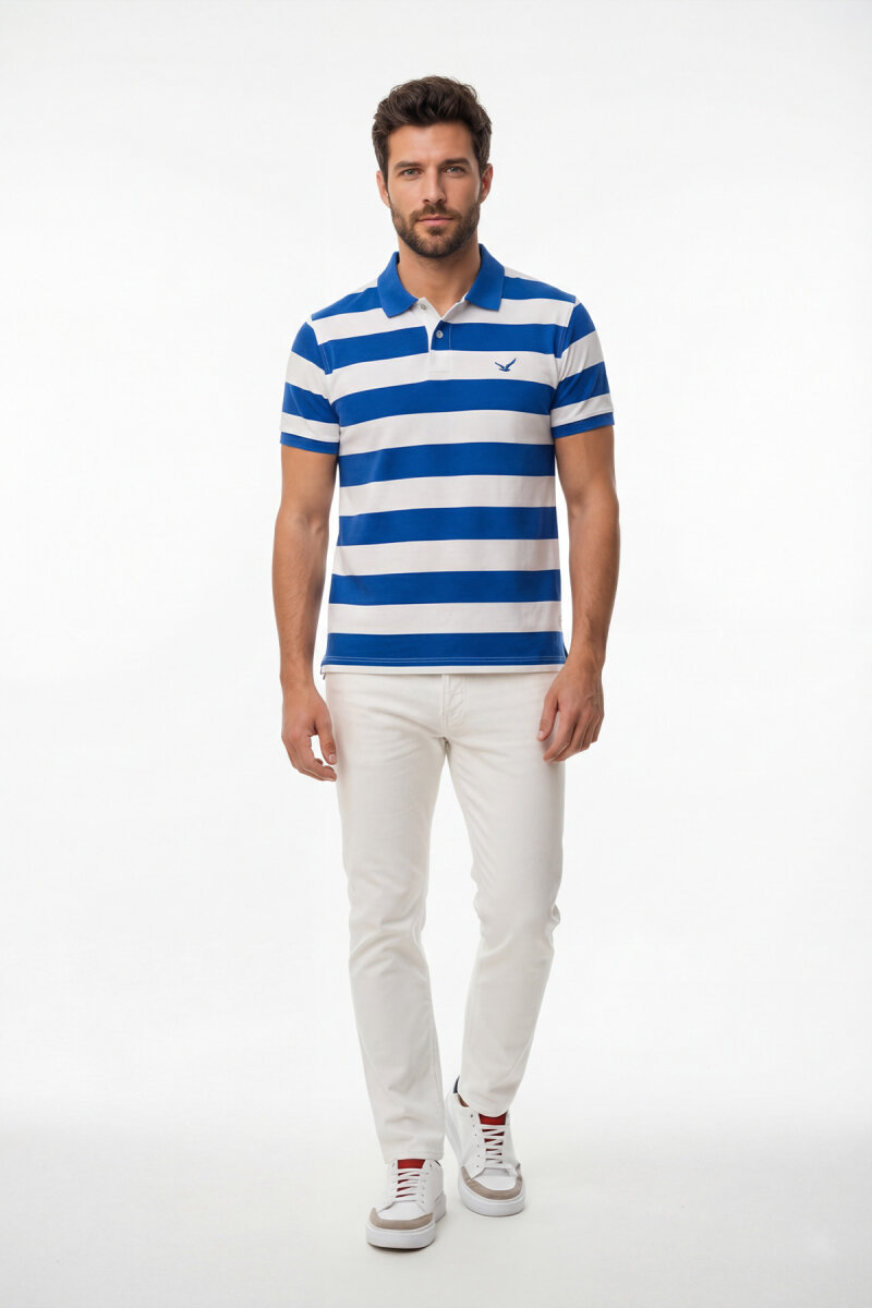 Off-White - Sax 100% Cotton Striped Polo T-Shirt