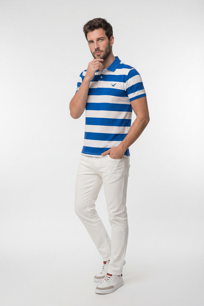 Off-White - Sax 100% Cotton Striped Polo T-Shirt (1)