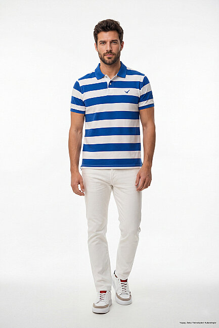 Off-White - Sax 100% Cotton Striped Polo T-Shirt
