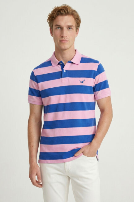 Sax - Pink 100% Cotton Striped Polo T-Shirt