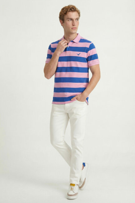 Sax - Pink 100% Cotton Striped Polo T-Shirt - 2