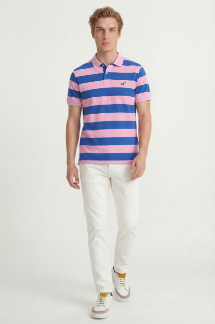 Sax - Pink 100% Cotton Striped Polo T-Shirt - 5