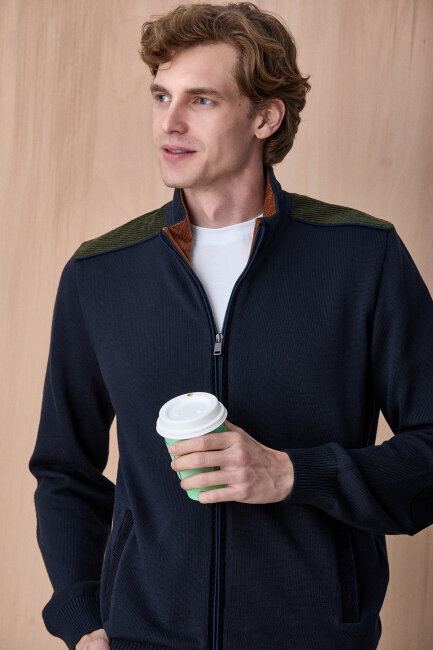 Lacivert %100 Pamuk Fermuarlı Hırka - 1