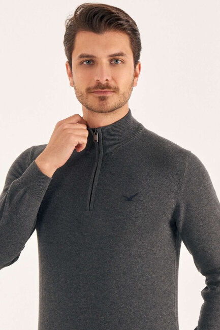 Antrasit %100 Pamuk Kısa Fermuarlı Kazak - 1