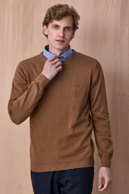 Bej %100 Pamuk Bisiklet Yaka Kazak - 3