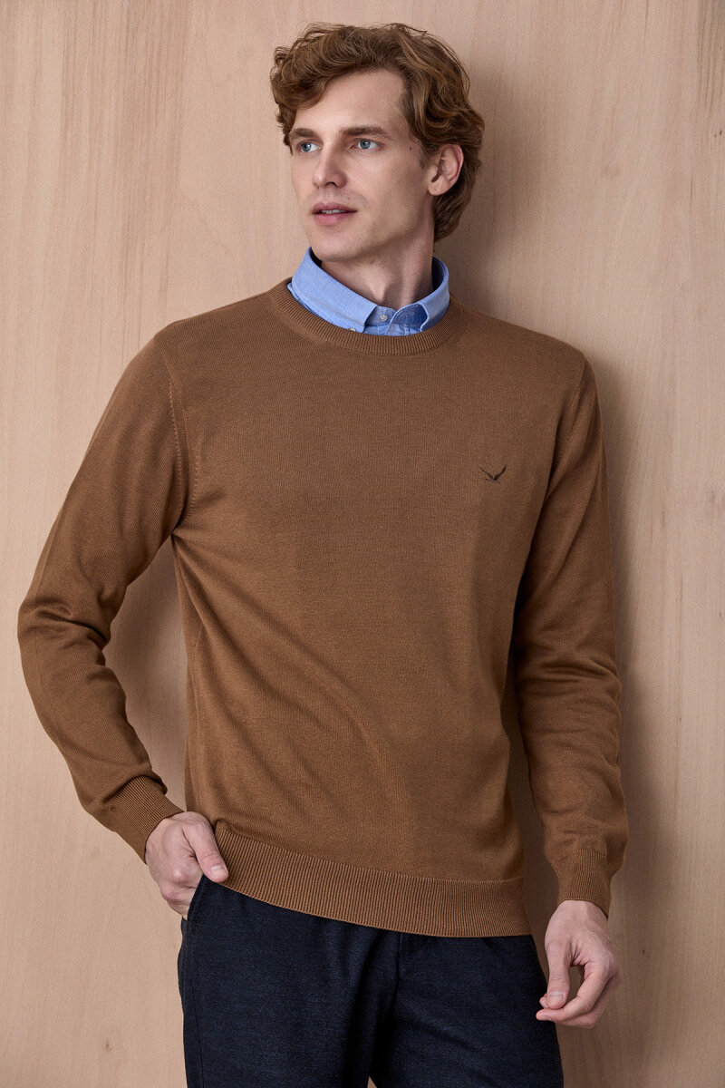 Bej %100 Pamuk Bisiklet Yaka Kazak - 5