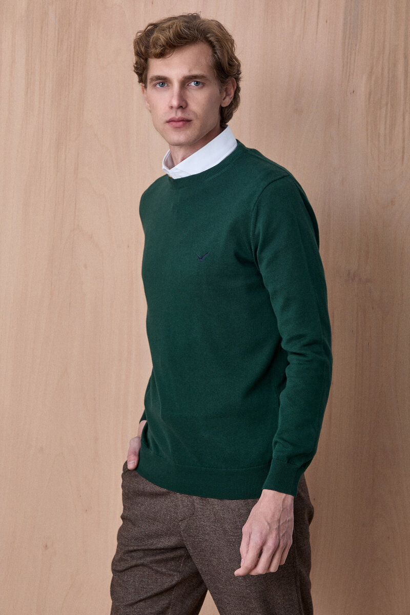 Koyu Yeşil %100 Pamuk Bisiklet Yaka Kazak - 3