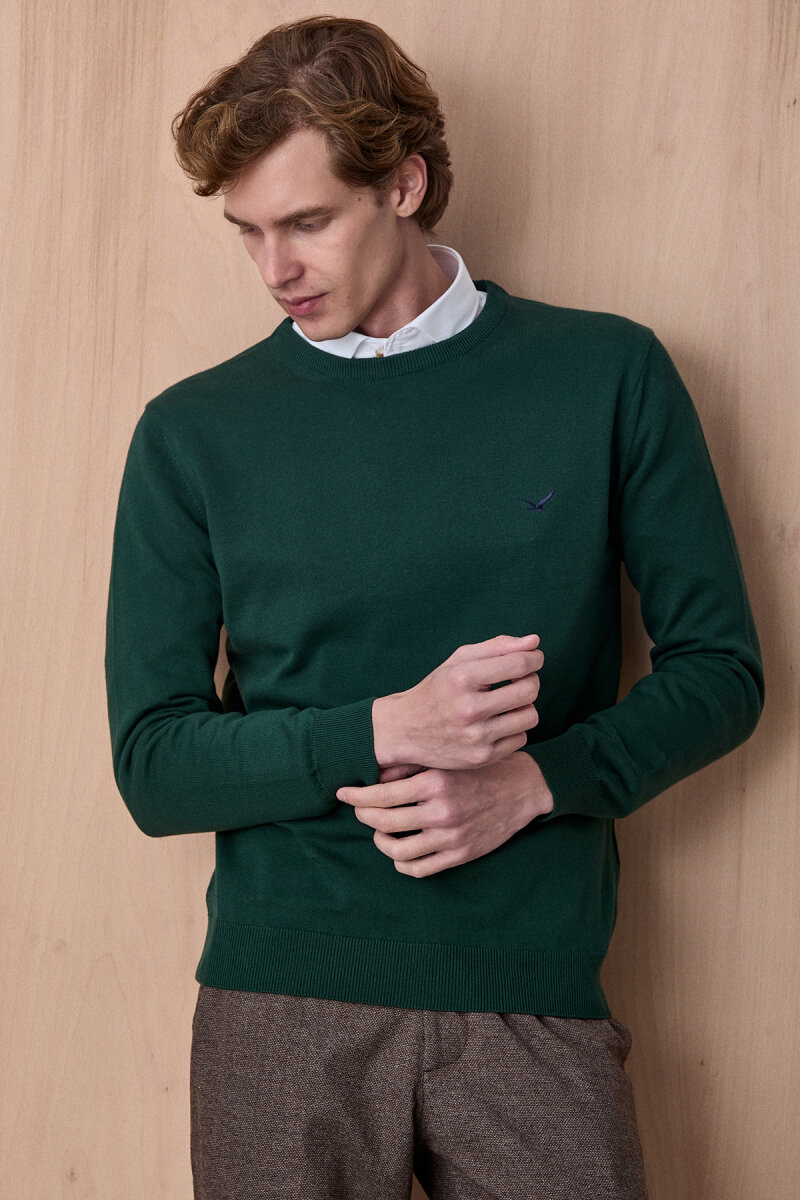 Koyu Yeşil %100 Pamuk Bisiklet Yaka Kazak - 1