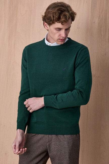 Koyu Yeşil %100 Pamuk Bisiklet Yaka Kazak - 4