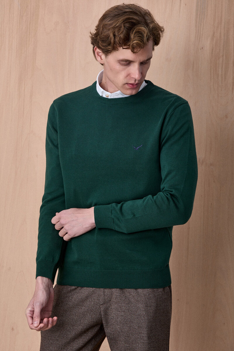 Koyu Yeşil %100 Pamuk Bisiklet Yaka Kazak - 4