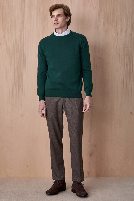 Koyu Yeşil %100 Pamuk Bisiklet Yaka Kazak - 5