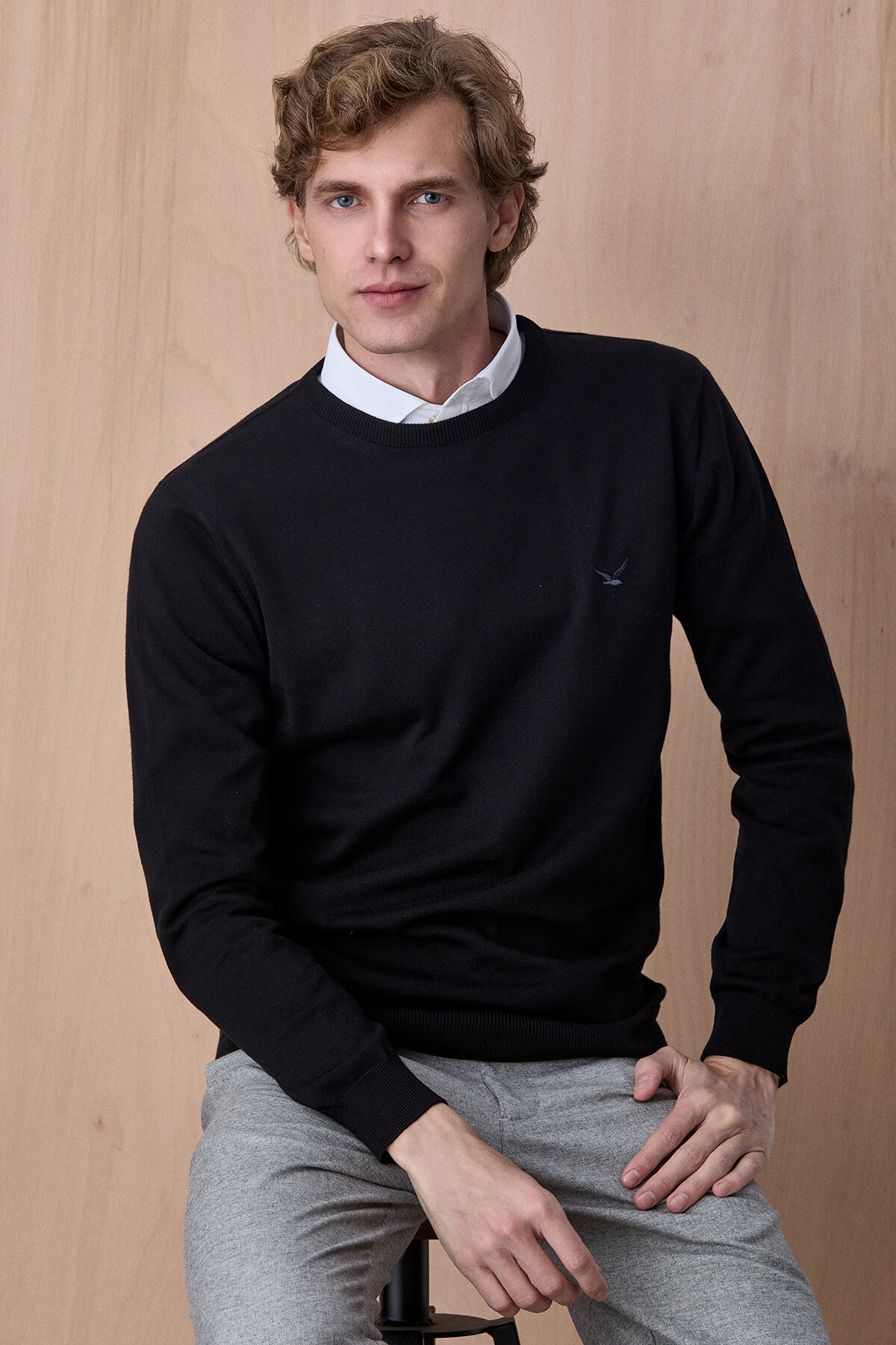 Siyah %100 Pamuk Bisiklet Yaka Kazak - 1