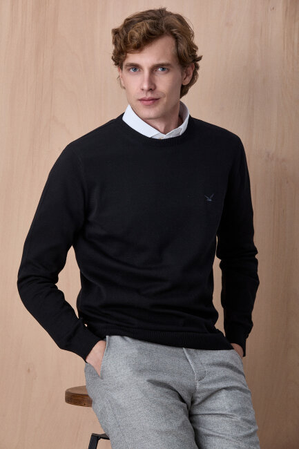 Siyah %100 Pamuk Bisiklet Yaka Kazak - 5