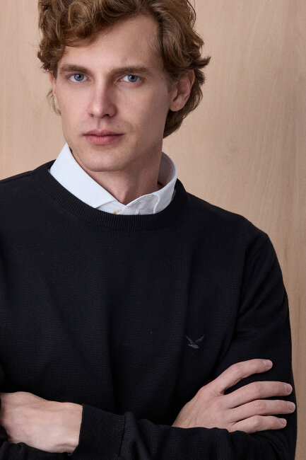 Siyah %100 Pamuk Bisiklet Yaka Kazak - 2