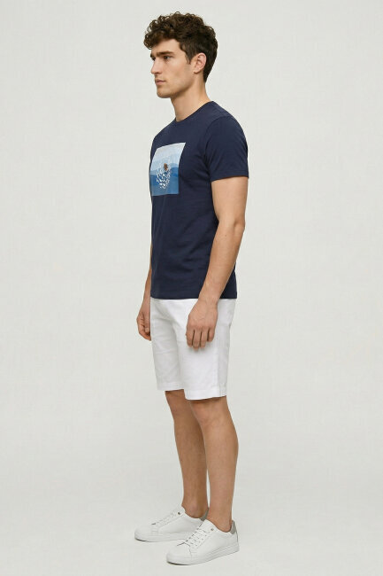 Navy Blue Cotton Crew Neck Printed T-Shirt - 4
