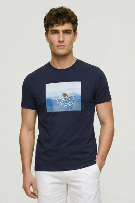 Navy Blue Cotton Crew Neck Printed T-Shirt - 1