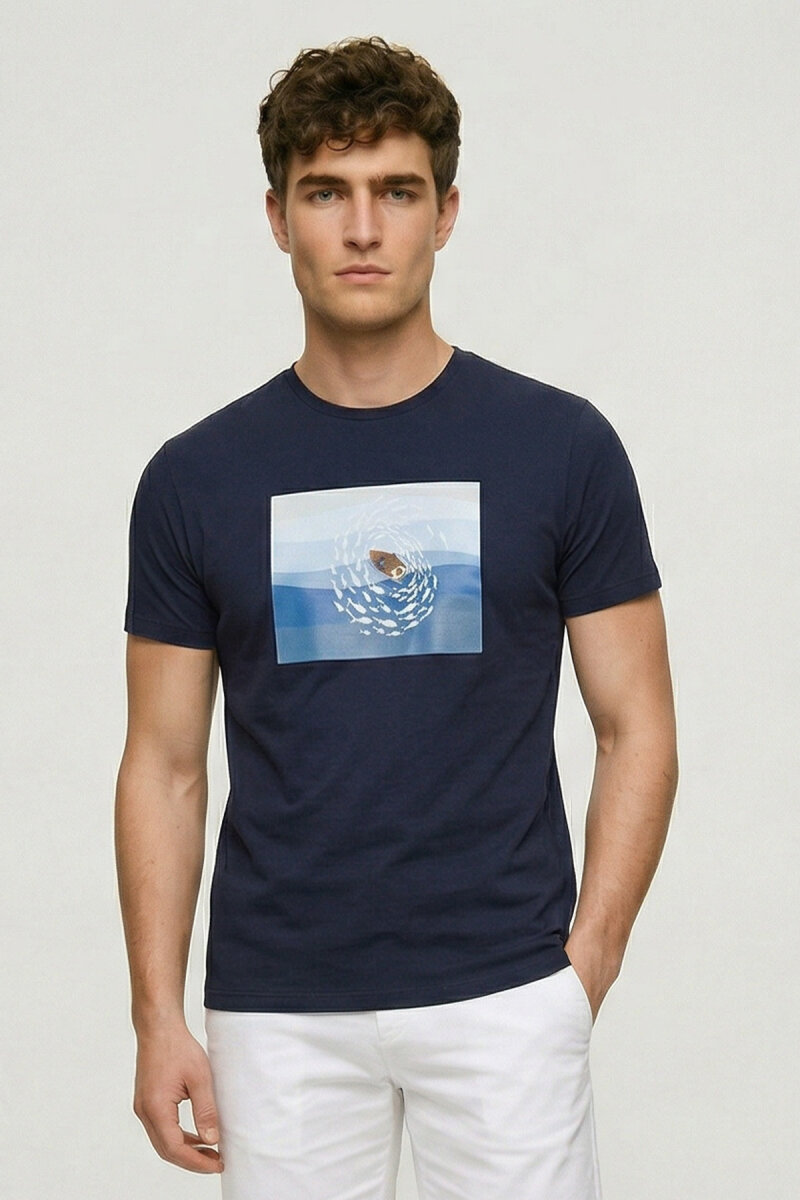 Navy Blue Cotton Crew Neck Printed T-Shirt