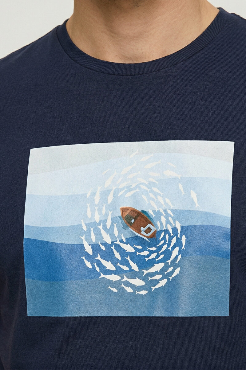 Navy Blue Cotton Crew Neck Printed T-Shirt - 3