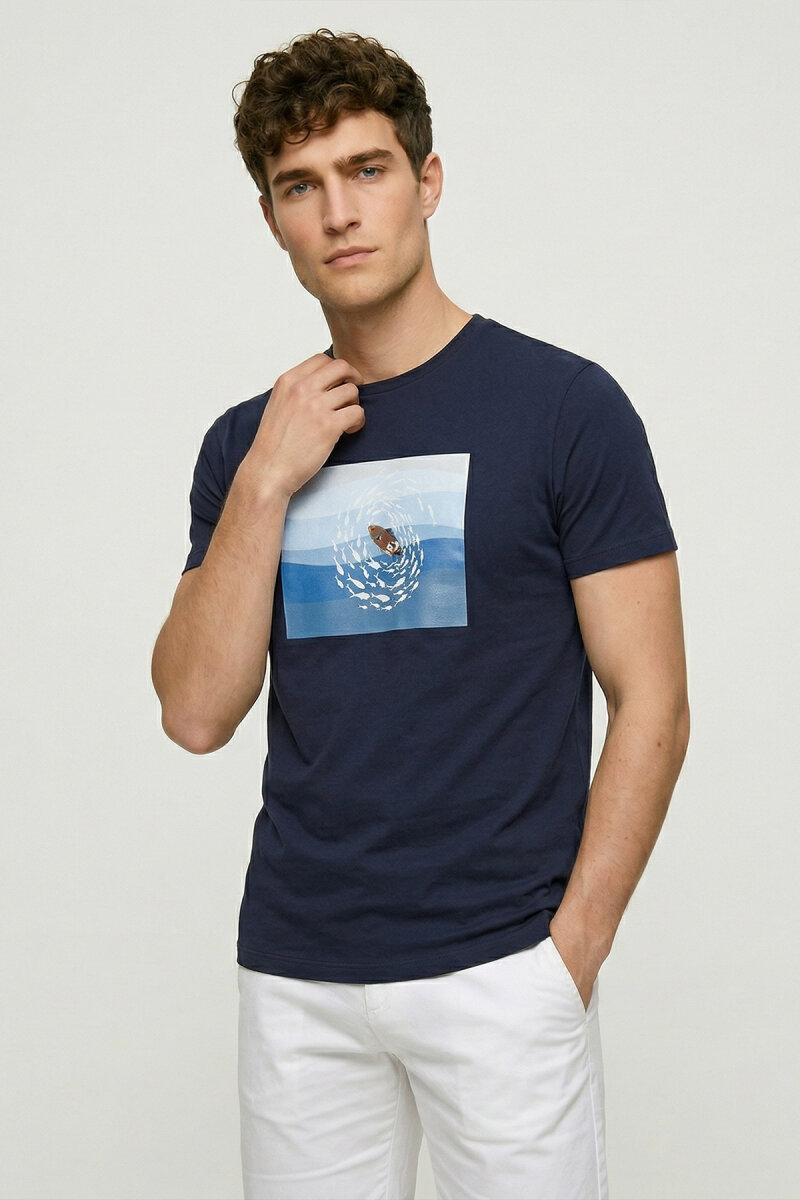 Navy Blue Cotton Crew Neck Printed T-Shirt - 5