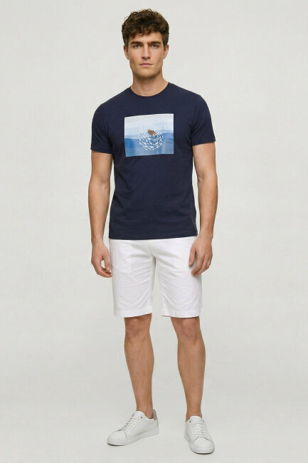 Navy Blue Cotton Crew Neck Printed T-Shirt - 2
