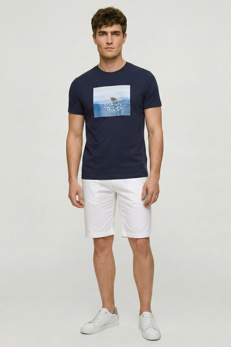 Navy Blue Cotton Crew Neck Printed T-Shirt (1)